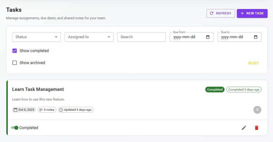 Task management screen